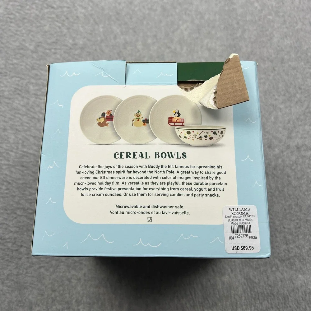 NEW Williams Sonoma Elf Movie Cereal Bowls Multicolor Print Set‎ of 4 Christmas